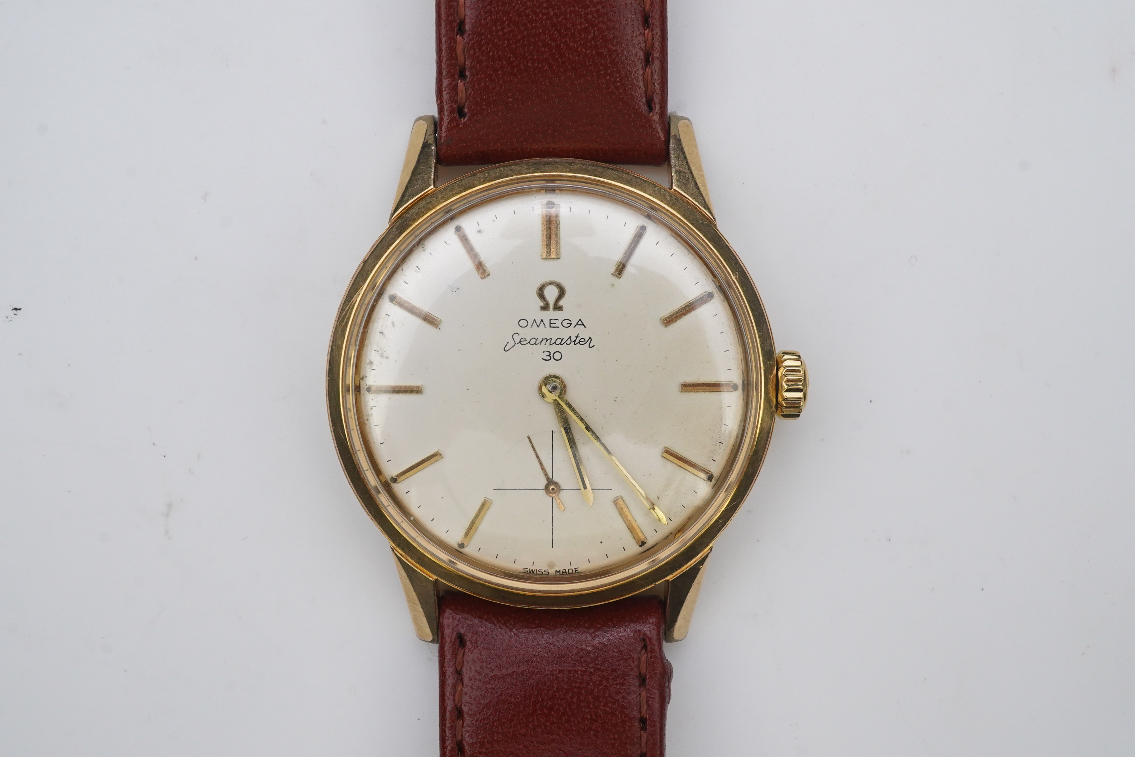 A gentleman's steel and gold plated Omega Seamaster 30 manual wind wrist watch, on a later associated leather strap